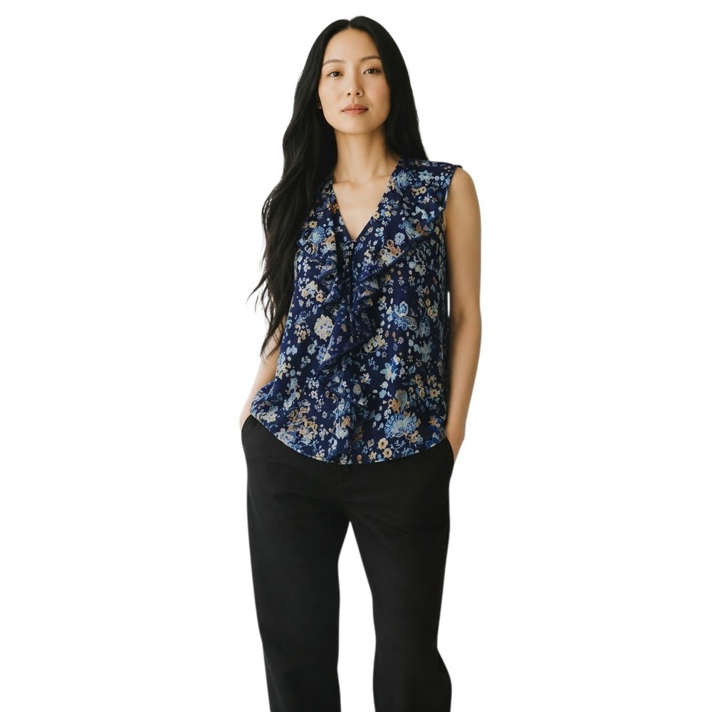 Siren Lily Semi-Sheer Sleeveless Blouse Women's 2X Blue Floral Ruffle V-Neck